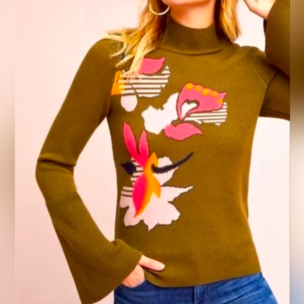 Anthropologie Knitted & Knotted Olive Floral Bell Sleeve Sweater